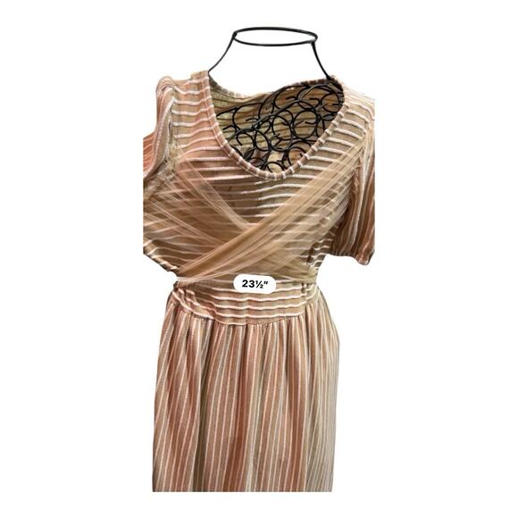 Cottagecore Coastal Neutral Feminine striped wrap puffed sleeves Maxi dress L - Picture 16 of 16